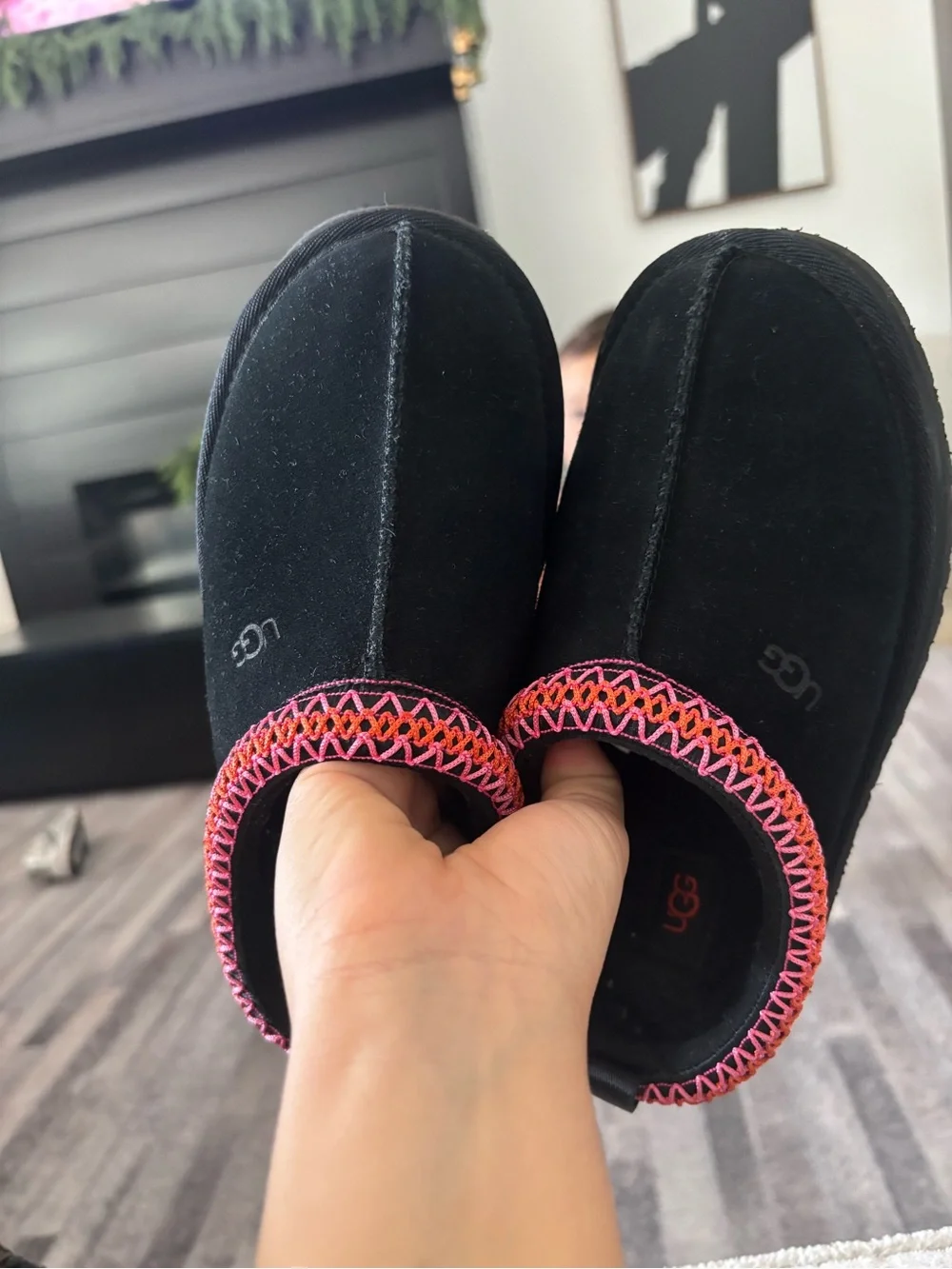 UGG Kids Black Slip-On Slippers with Pink and Orange Trim